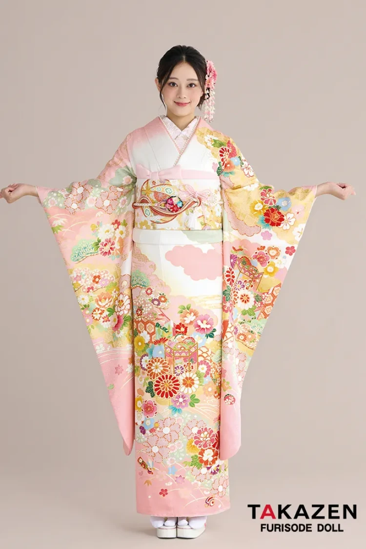 正統派古典柄振袖 吉澤織物/最高級金彩手描友禅 白/ピンク 菊柄/貝桶柄