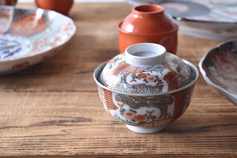 骨董 アンティーク 古伊万里 染付 縦縞葉文様 蓋茶碗 蓋碗 直しあり