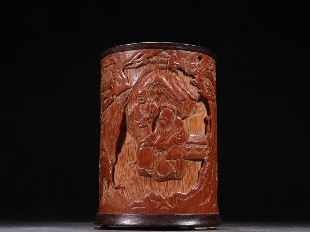 中国 筆筒 年代物 清・老竹彫・人物故事筆筒』極細工 古賞物