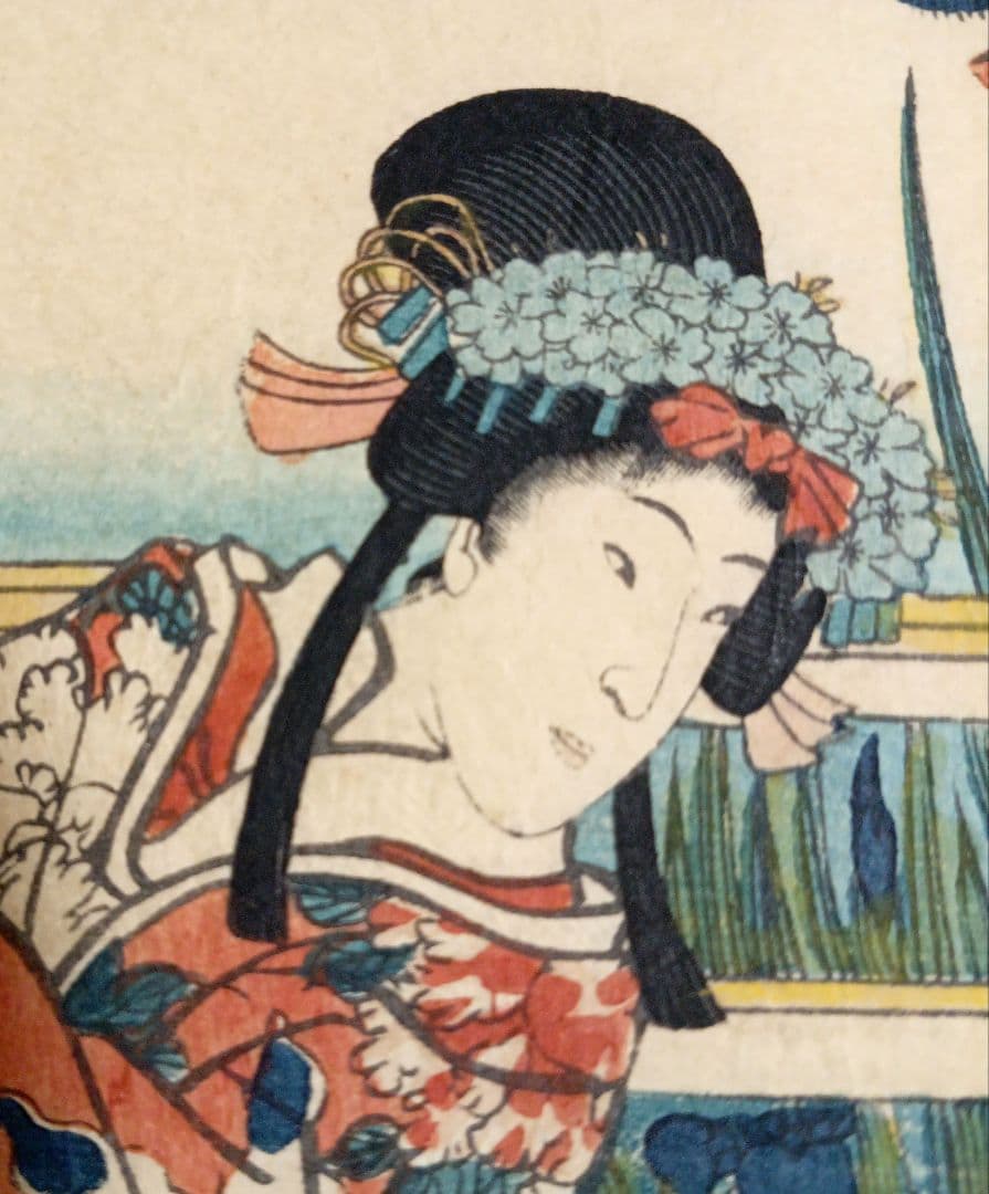 浮世絵版画、花菖蒲由縁色廓三枚綴り 三代歌川豊国画安政四年